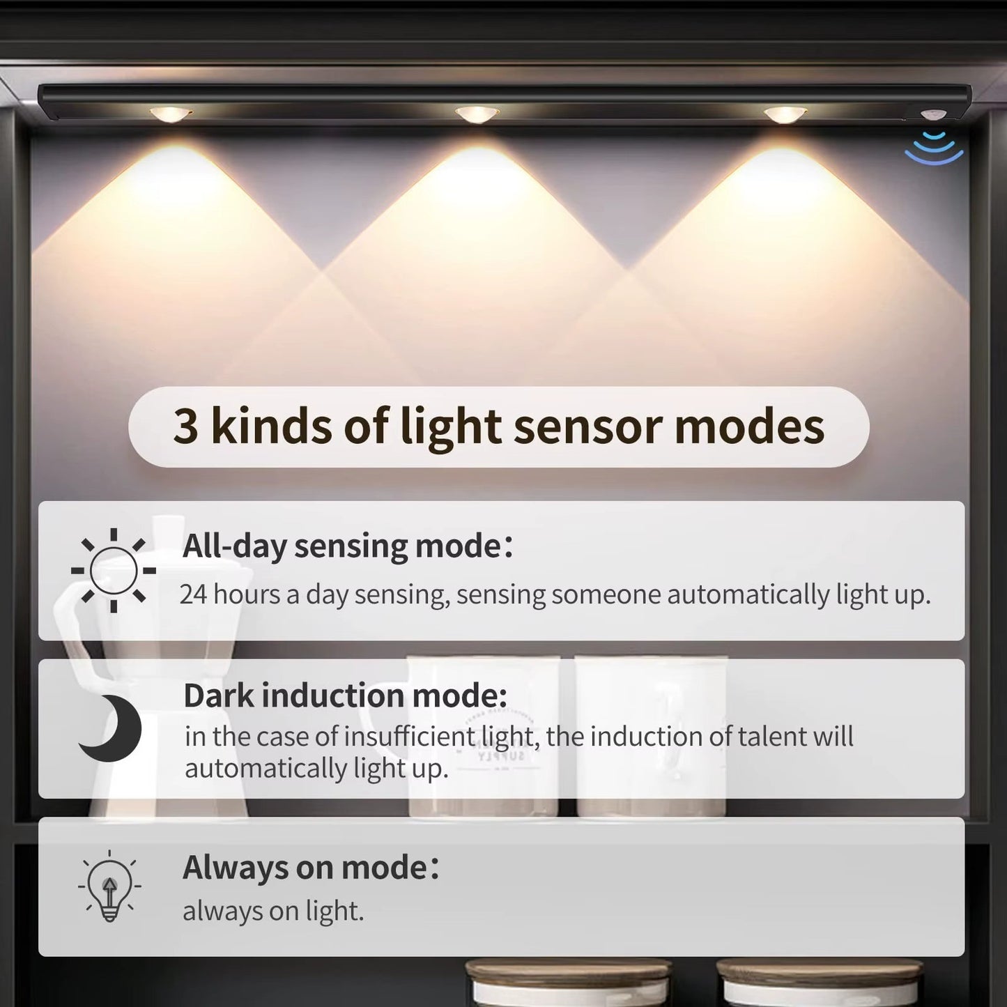 Led ultra fino sob luzes do armário sensor de movimento luz noturna sem fio 3 co