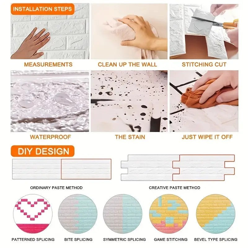 Papel de Parede Autoadesivo 3D Tijolo 70cm à Prova d'Água