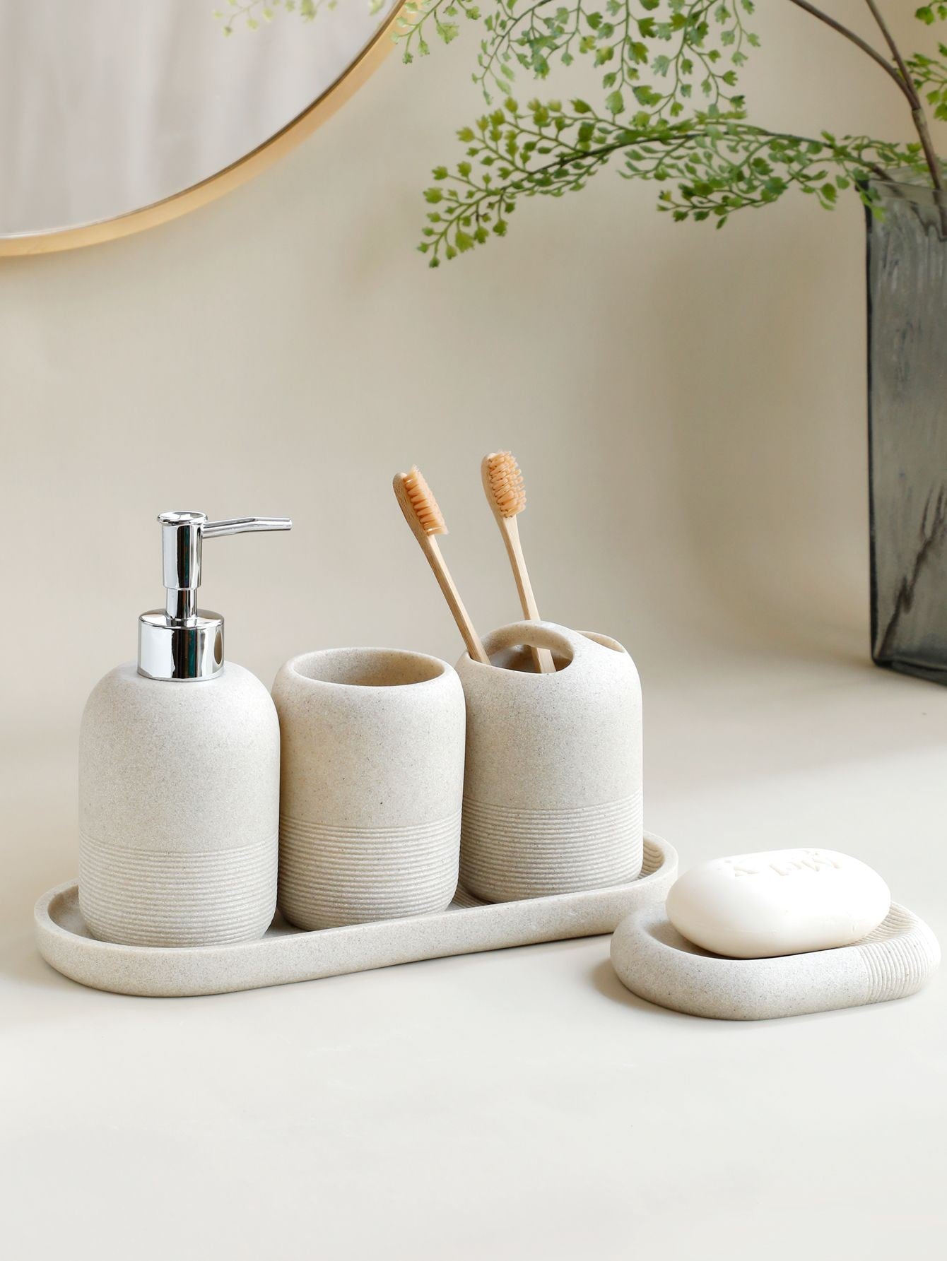 Conjunto de Acessórios para Banheiro em Resina, 5 Peças - Bege